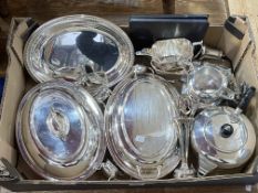 Collection of silver plate including tea set, entree dishes, etc.