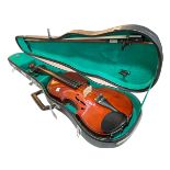 Violin and bow in case, label inside 'Skylark Brand, Made in China'.