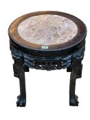 Oriental carved hardwood jardiniere stand with marble inset top, 46.5cm by 46cm diameter.