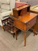 Neat mahogany writing desk, three division Canterbury and wicker lamp table (3).