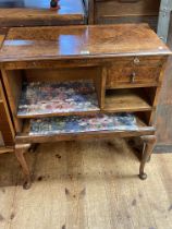 Walnut crossbanded side cabinet on cabriole legs, 80.5cm by 68.5cm by 33.5cm.