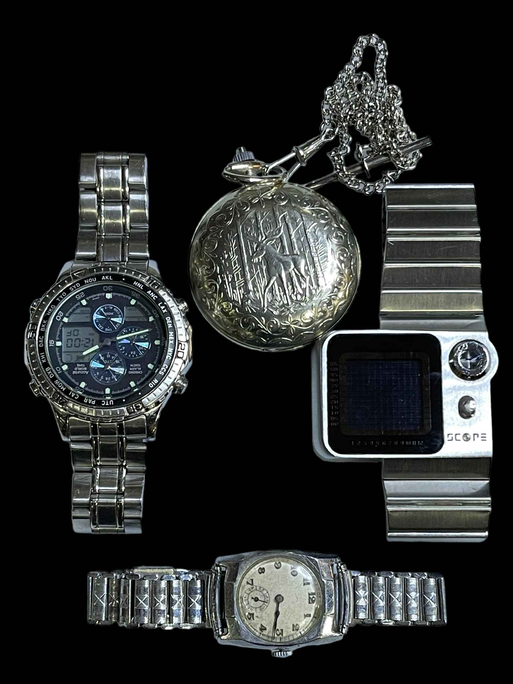 Three wristwatches inc Tokyo Flash - Japanese transformers scope LED watch and pocket watch.