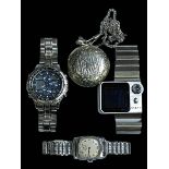 Three wristwatches inc Tokyo Flash - Japanese transformers scope LED watch and pocket watch.