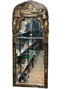 Chinoiserie painted black lacquered framed two panelled bevelled wall mirror, 148cm by 61.5cm.