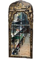 Chinoiserie painted black lacquered framed two panelled bevelled wall mirror, 148cm by 61.5cm.