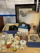 Silver lidded glass jar, crested china, cameras, lamp, etc.