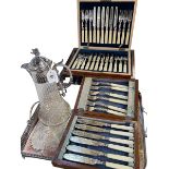 Collection of silver plated wares including claret jug, cutlery, etc.