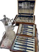 Collection of silver plated wares including claret jug, cutlery, etc.