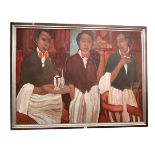 Robert Plisnier (Belgian b1951), The Three Waiters, oil painting, 100cm by 135cm.
