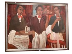 Robert Plisnier (Belgian b1951), The Three Waiters, oil painting, 100cm by 135cm.