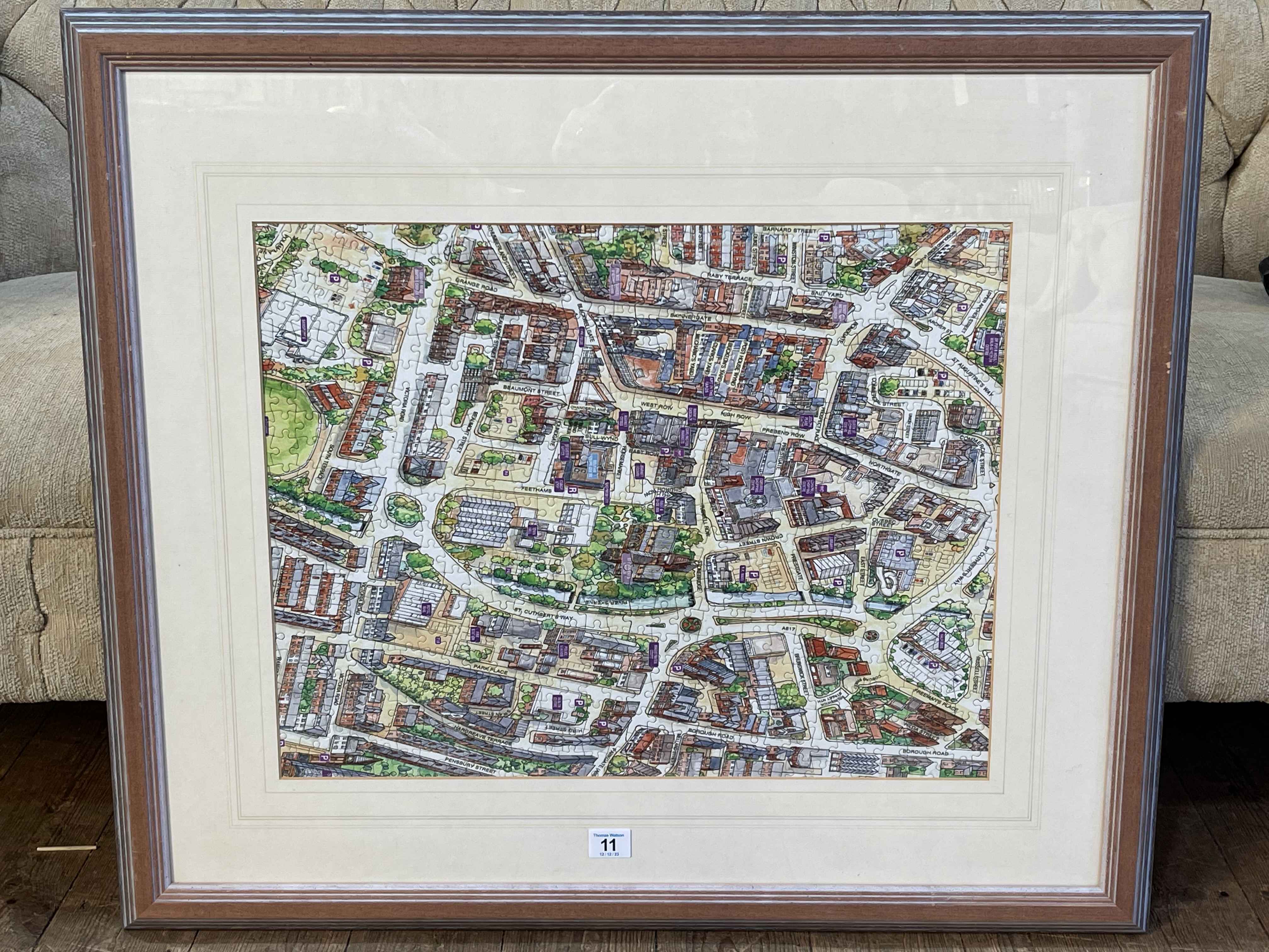 Framed 1000 piece jigsaw puzzle of Darlington, completed by Barry Chapman 2018.