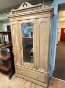 Victorian pine mirror door wardrobe with base drawer, 224cm by 125cm by 48cm.
