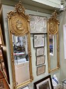 Pair rectangular gilt framed lady portrait bevelled wall mirrors, 180cm by 52cm.