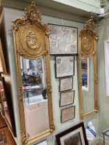 Pair rectangular gilt framed lady portrait bevelled wall mirrors, 180cm by 52cm.