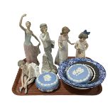 Four Nao figures, Spanish figure, two Spode bowls and Wedgwood.