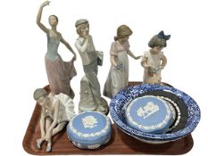 Four Nao figures, Spanish figure, two Spode bowls and Wedgwood.