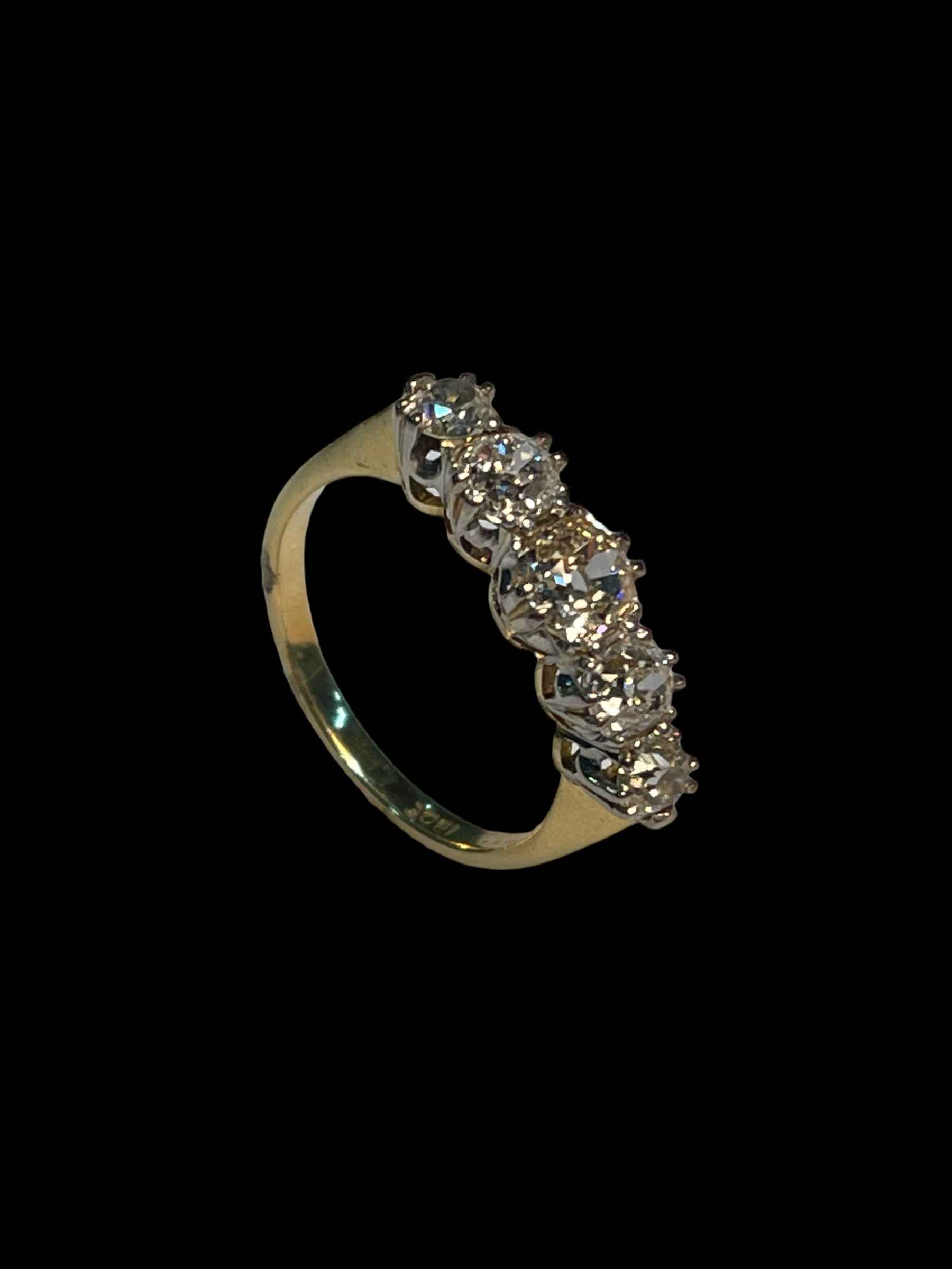 18 carat yellow gold five stone diamond ring with rose cut graduated diamonds set in platinum,