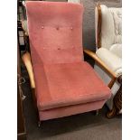 1970's reclining chair in rose pink buttoned draylon.