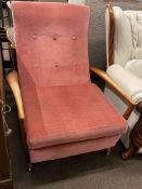 1970's reclining chair in rose pink buttoned draylon.