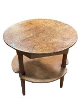Circular burr topped two tier table on turned legs, 63cm by 65cm diameter.