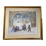 Ursula Pagenkopf (Canadian), Children in Winter Landscape, acrylic on canvas, 50cm by 60cm, framed.