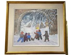 Ursula Pagenkopf (Canadian), Children in Winter Landscape, acrylic on canvas, 50cm by 60cm, framed.