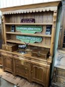 Continental pine shelf back dresser, 210cm by 179cm, by 50cm.