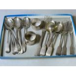 Set of six George III silver dessert spoons, other flatware and two napkin rings.