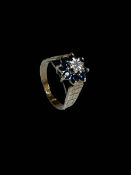 9 carat yellow gold, sapphire and diamond cluster ring, size N.