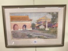 Watercolour of a Temple, 25cm by 45cm, framed.