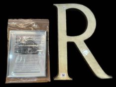 106 year old Darlington Northern Echo history, cast metal and enamel letter 'R' from fascia,