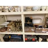 Stoneware jars, glass floats, enamel bread bin, cameras, scales, metalwares, wall scones, etc.