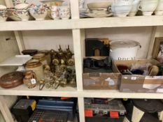 Stoneware jars, glass floats, enamel bread bin, cameras, scales, metalwares, wall scones, etc.