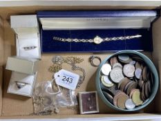 Box of jewellery and coins including two 9 carat gold sapphire rings, bracelet watch, wedding band,