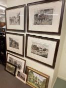 After Gilbert S Wright, Four large oak framed prints, and other pictures.