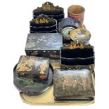 Collection of chinoiserie papier mache letter racks and boxes, bamboo brush pot and clock.