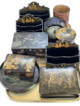 Collection of chinoiserie papier mache letter racks and boxes, bamboo brush pot and clock.
