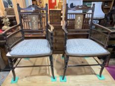 Pair late Victorian inlaid mahogany occasional elbow chairs.