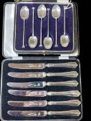 Set of six cased silver coffee spoons by C Boynton, Sheffield 1922 and set of six silver knives.