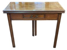 19th Century mahogany and chequer inlaid fold top tea table having frieze drawer and on square