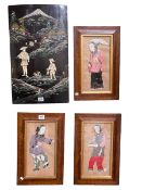 Japanese lacquered and bone plaque, 54cm by 33cm, and three fabric Geisha pictures (4).