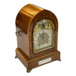 Late Victorian rosewood and line inlaid arch top mantel clock, 34cm.