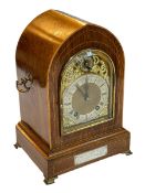 Late Victorian rosewood and line inlaid arch top mantel clock, 34cm.