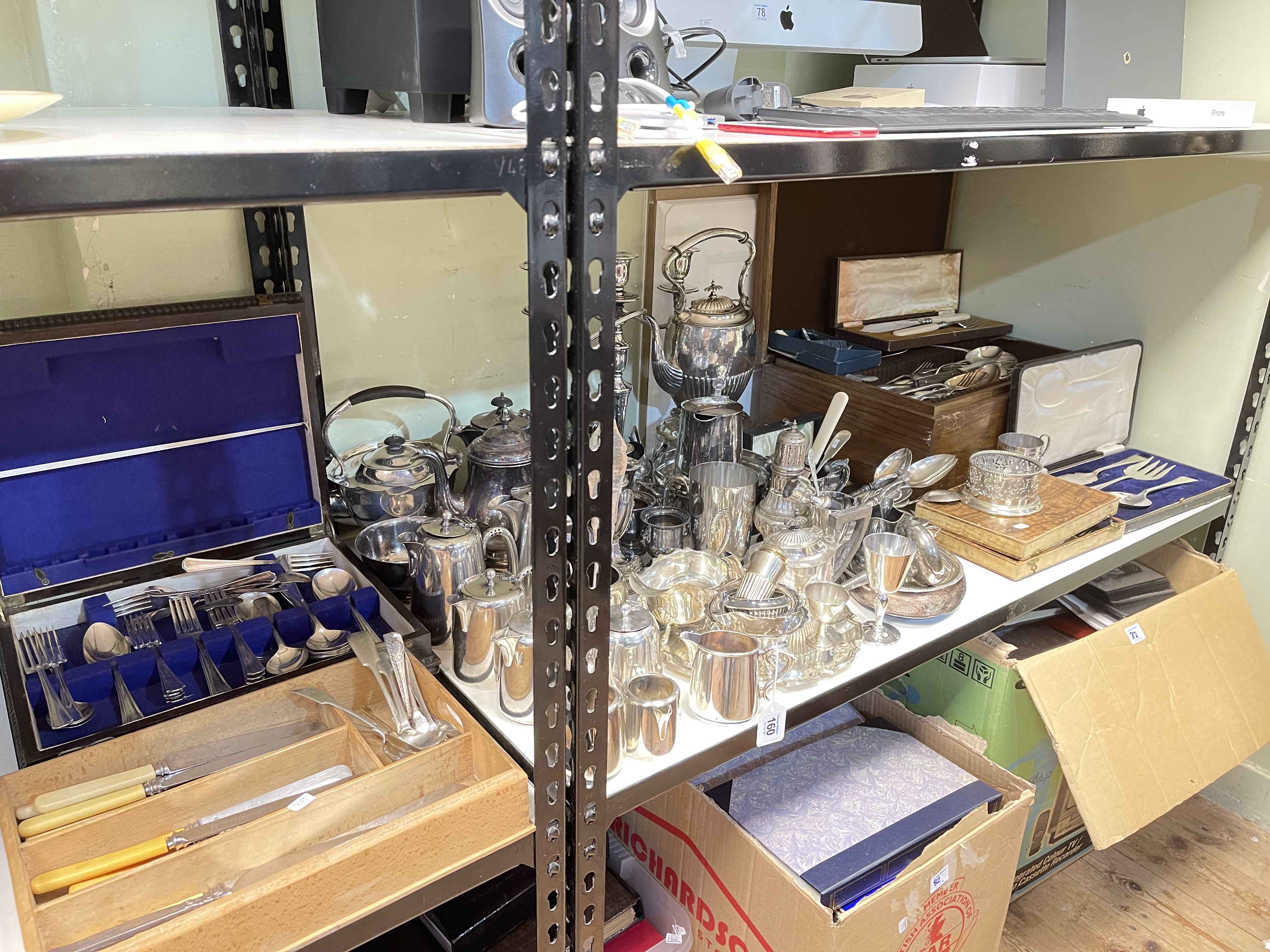 Collection of silver plate including cutlery, spirit kettle, candelabra, etc.