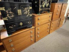 Five piece Stag teak bedroom suite comprising six, five and three drawer chests.