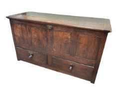 Antique oak four panel front kist with two base drawers, 78cm by 137cm by 52cm.