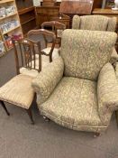 Mahogany three drawer bureau, Victorian tiled back hall chair,