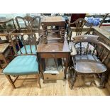 19th Century mahogany drop leaf table with frieze drawer, two carver chairs, Captains chair,