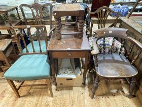 19th Century mahogany drop leaf table with frieze drawer, two carver chairs, Captains chair,