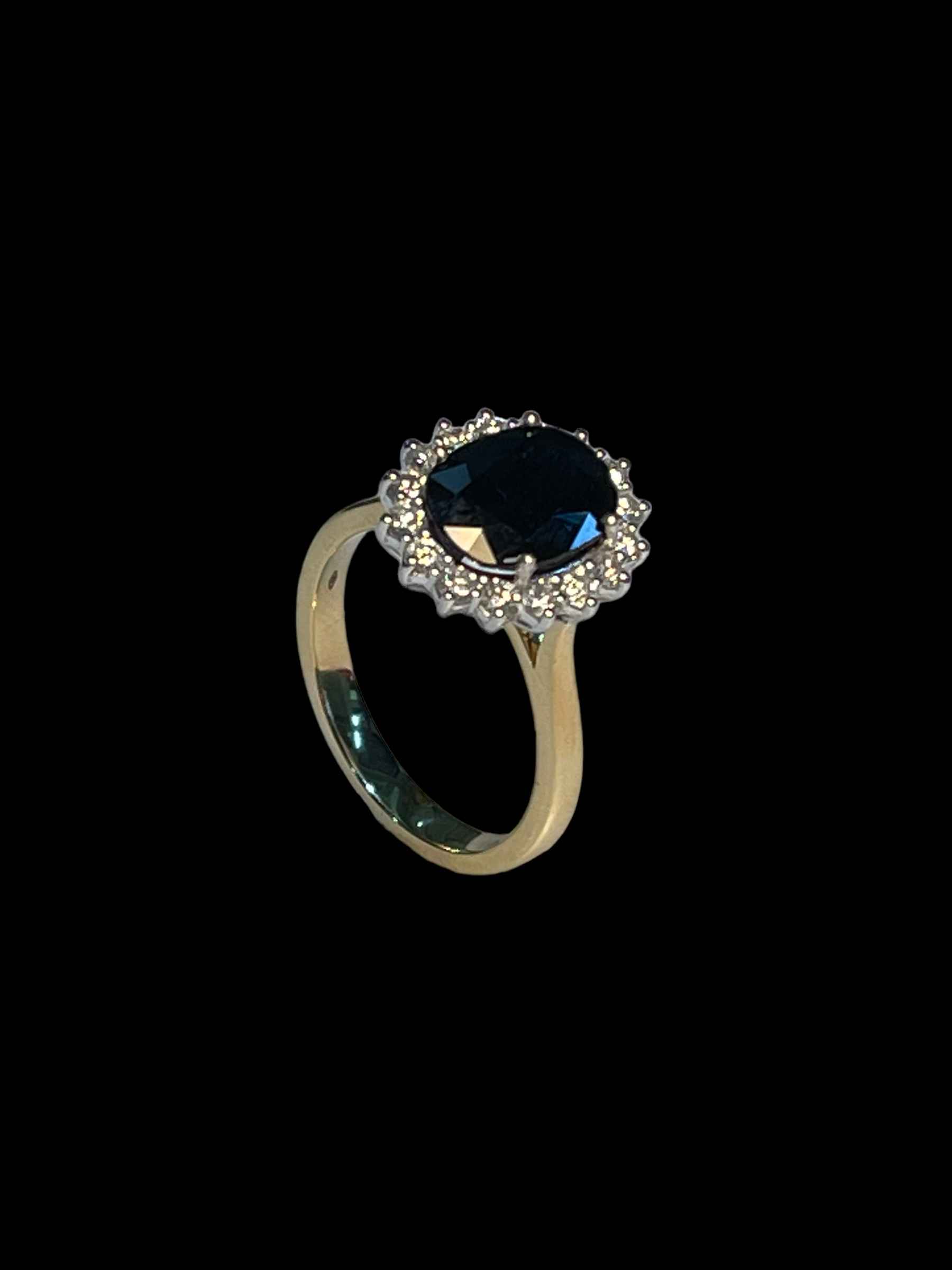 18 carat yellow and white gold claw set sapphire and diamond cluster ring, sapphire 2.